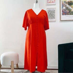 NWT Mango red orange midi dress with linen mix, short sleeves, adjustable waist